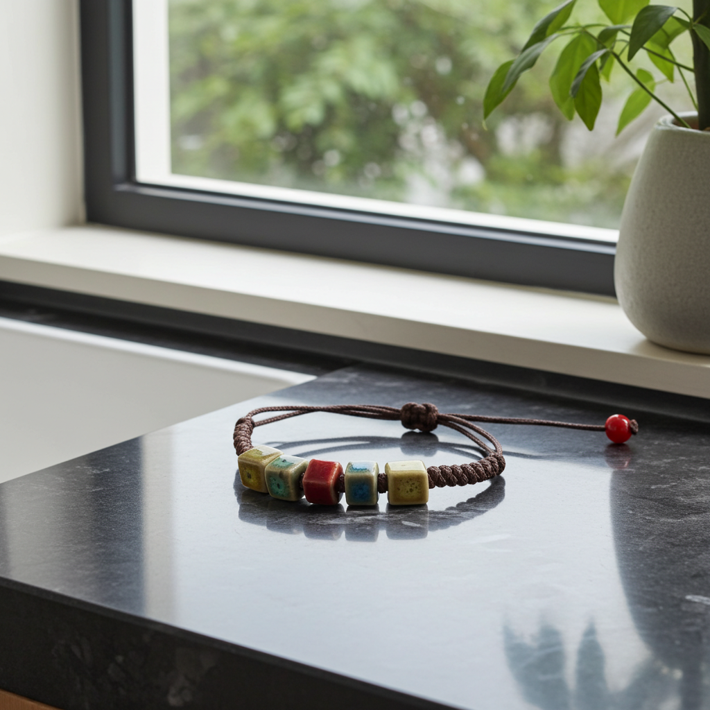 Bracelet with colorful beads on a dark surface near a window with greenery outside