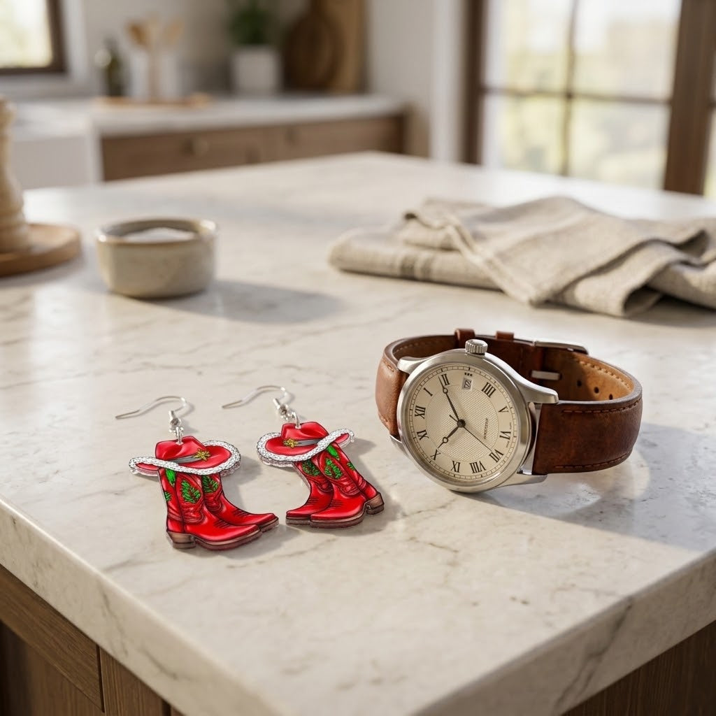 cmas earrings on kitchen island