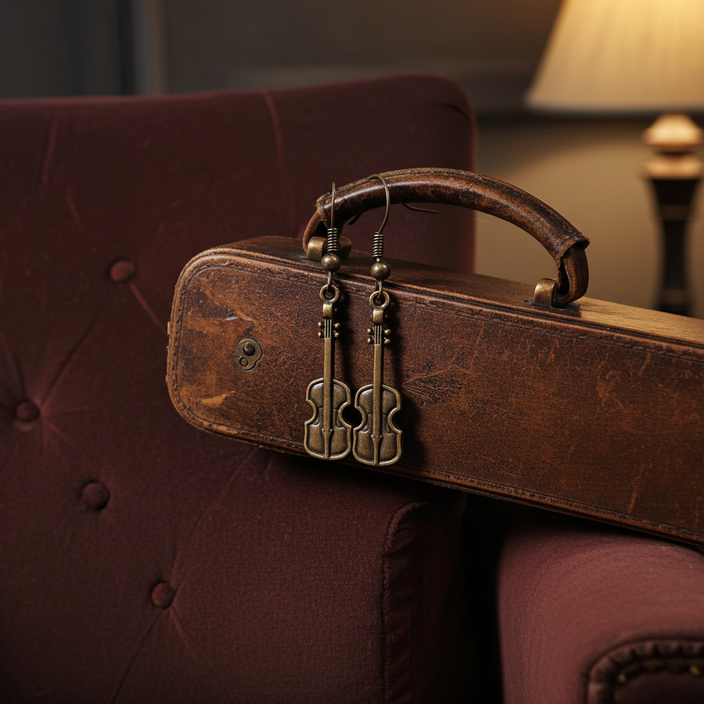 Vintage-style guitar case with decorative violin-shaped tags on a purple couch.
