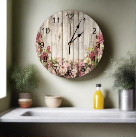 the Home Clock hanging on wall over kitchen sink