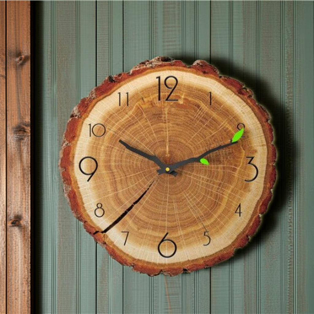 Wooden clock with tree ring design on a wooden background