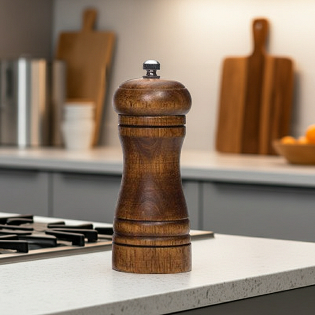 Wooden pepper grinder on a kitchen counter with blurred background