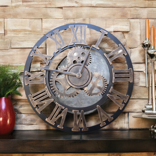 large iron and wood clock