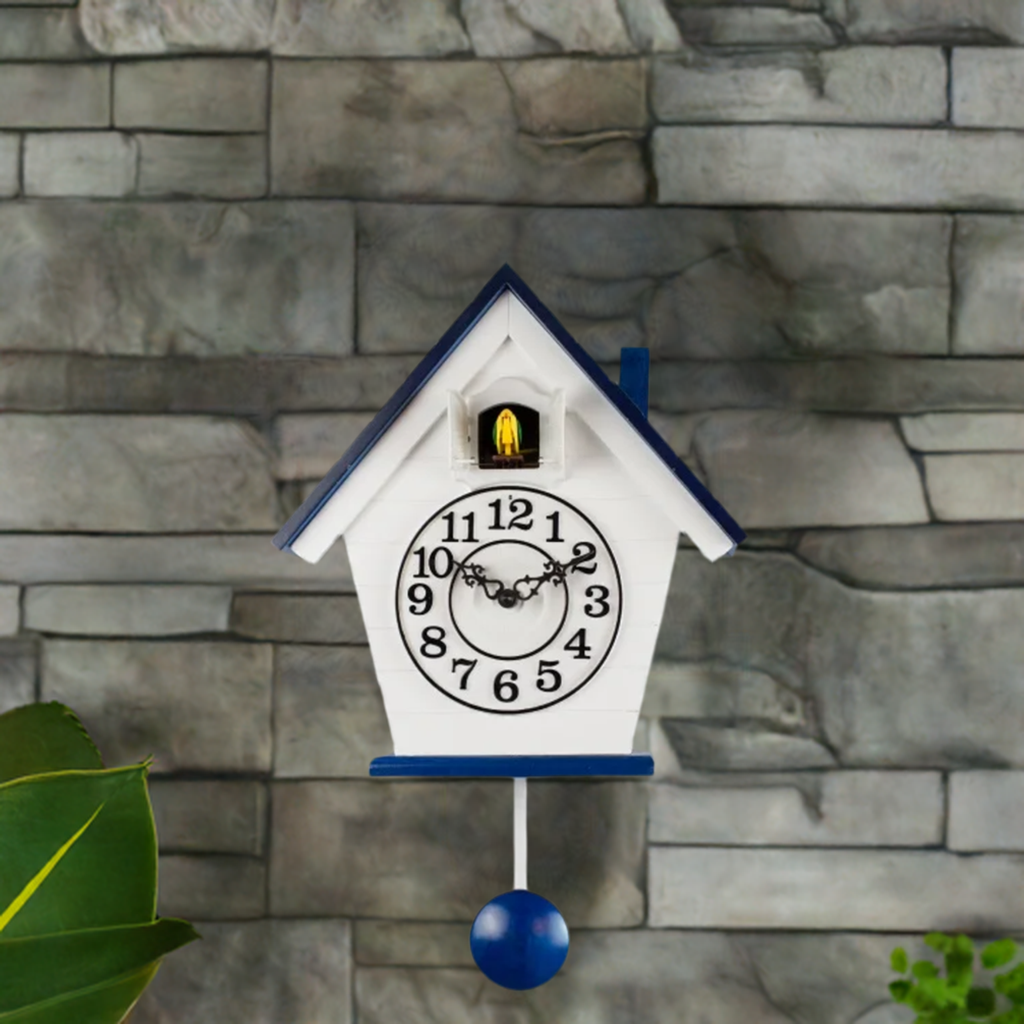 cuckoo clock hanging on stone wall