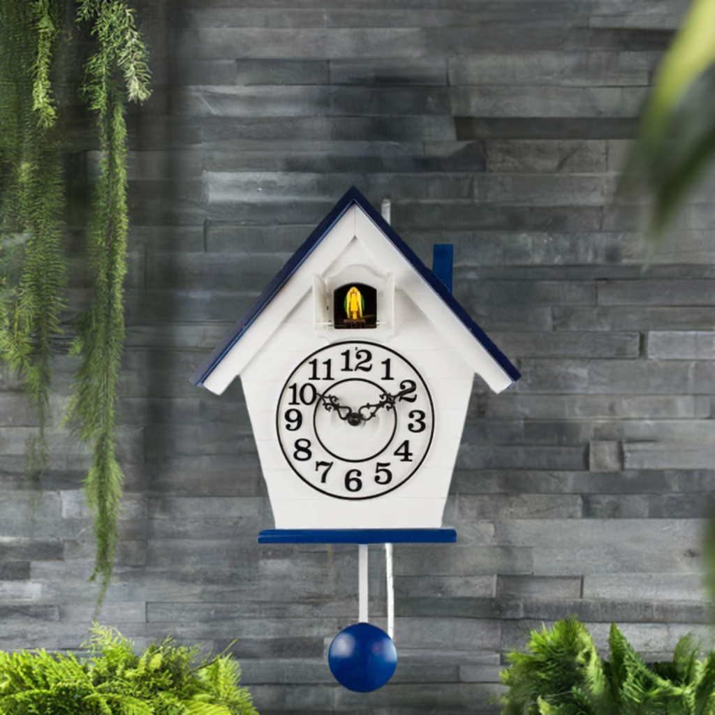 cuckoo clock hanging on grey slate wal