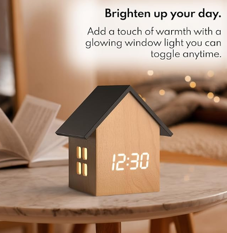Wooden house-shaped clock with digital display on a table, text 'Brighten up your day.'