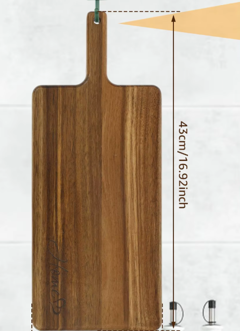 Wooden cutting board with measurements on a white background