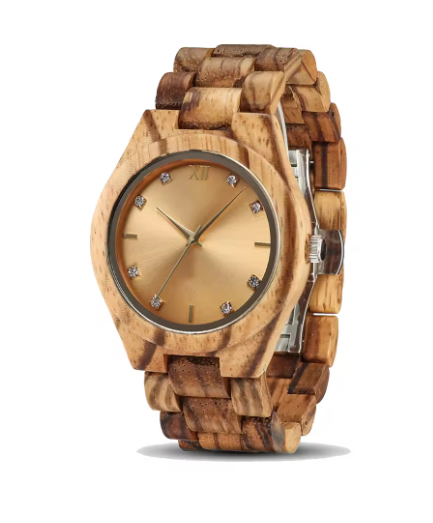Wooden watch with a gold face on a white background