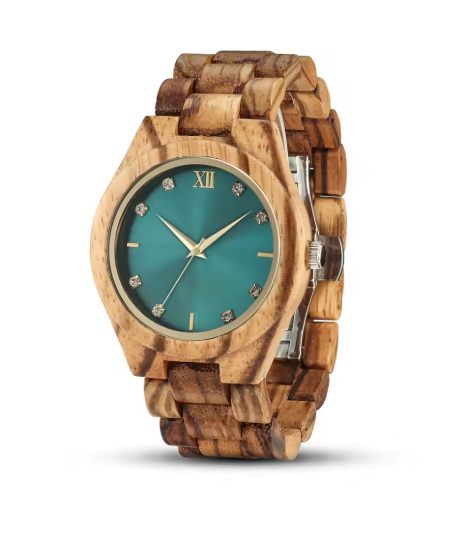 Wooden watch with a teal face and zebra wood strap on a white background