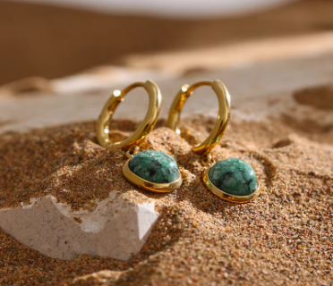 green stone gold hoop earrings