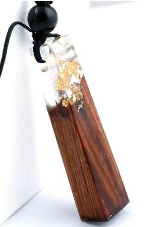 white with gold and wood necklace