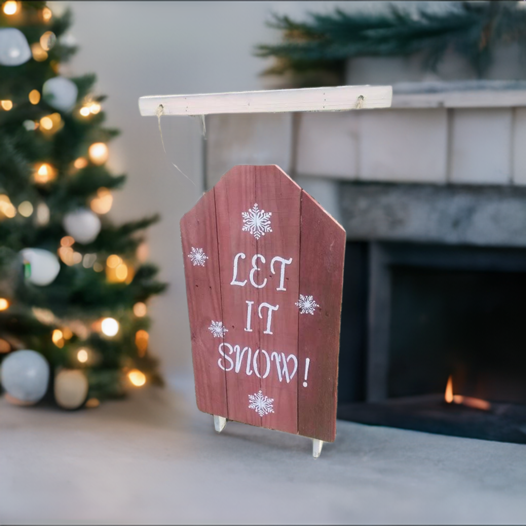 pallet sign in front of fireplace