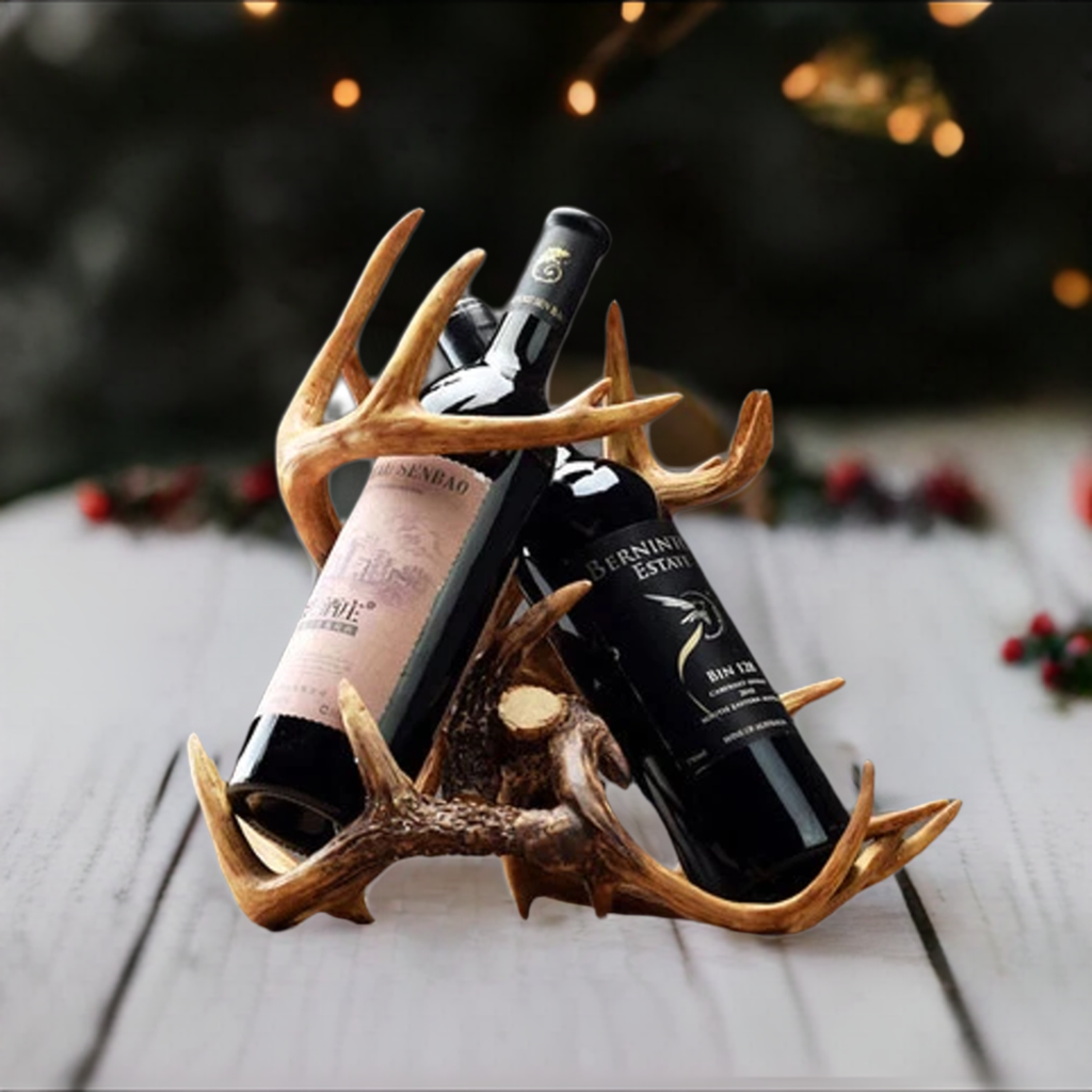 antler bottle holder in front of cmas tree