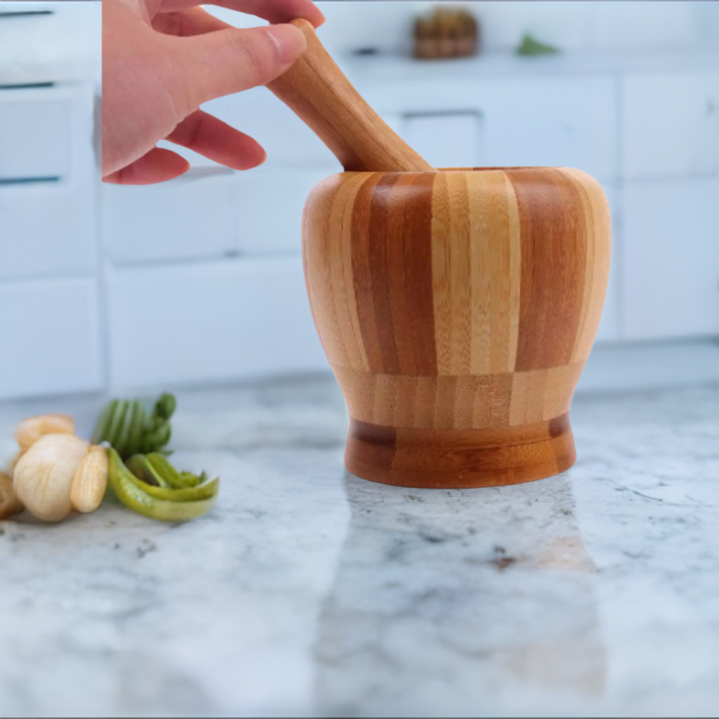 mortar pestle on kitchen island