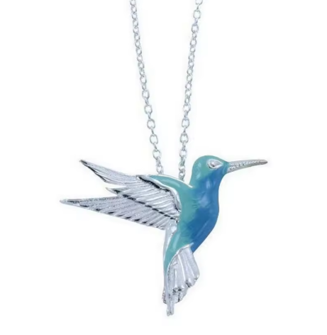 Blue and silver hummingbird pendant on a chain against a white background