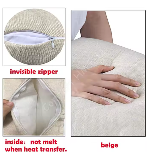 Beige fabric with an invisible zipper, showing a hand touching it, and text indicating it does not melt when heat transferred.