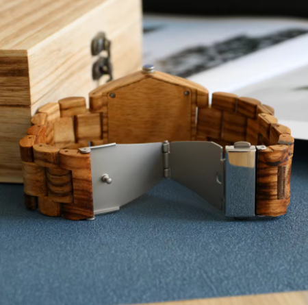 Wooden bracelet with metal clasp backside view