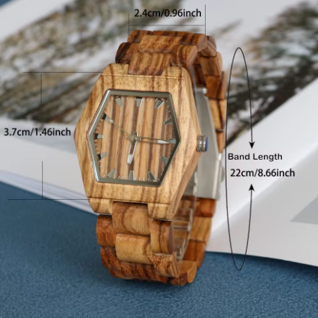 Wooden watch with measurements on a blue surface