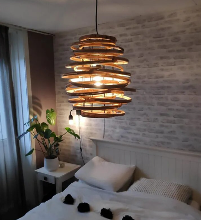 bamboo rattan chandelier hanging in BR