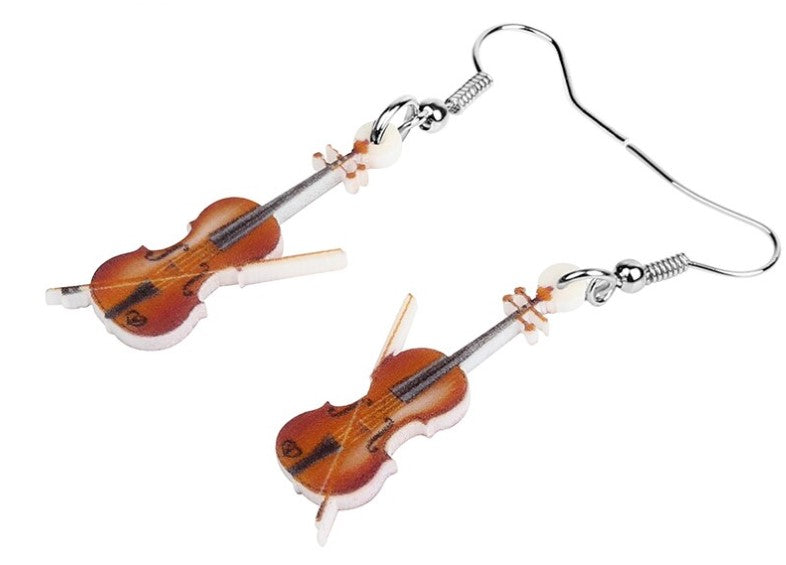 Violin-shaped earrings on a white background
