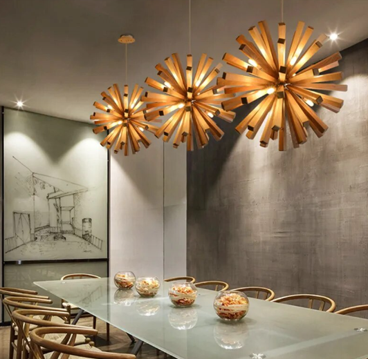wood burst chandeliers hanging