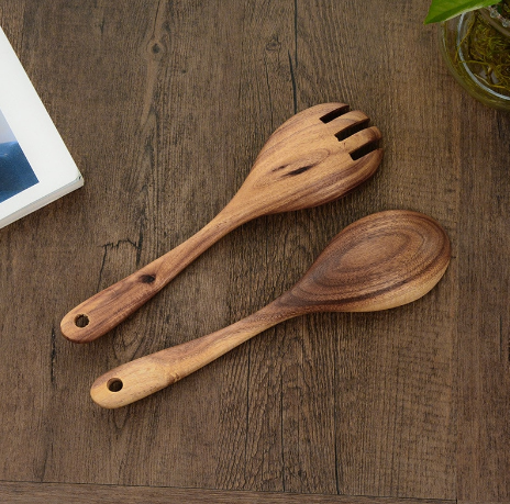wood salad tongs-back view