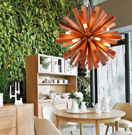 cherry wood burst light over table