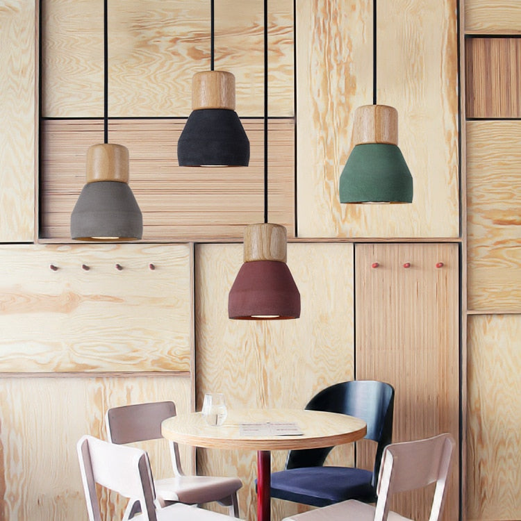 drop pendant lighting made from wood and cement