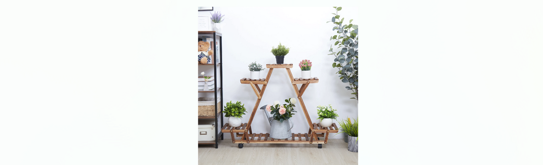 many-tiered plant stand with plants on it