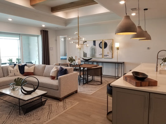 living room with pendant lights