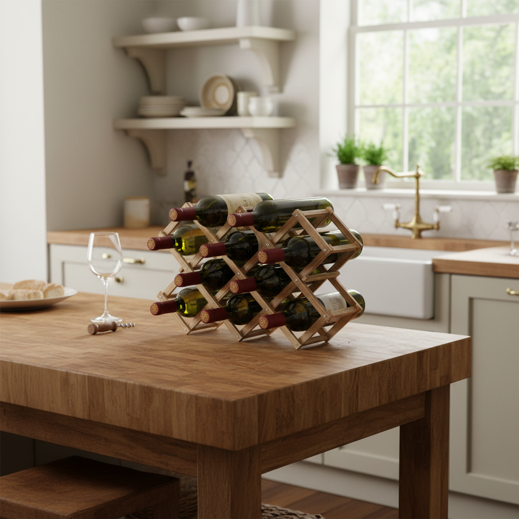 Wooden wine rack with bottles on a kitchen counter