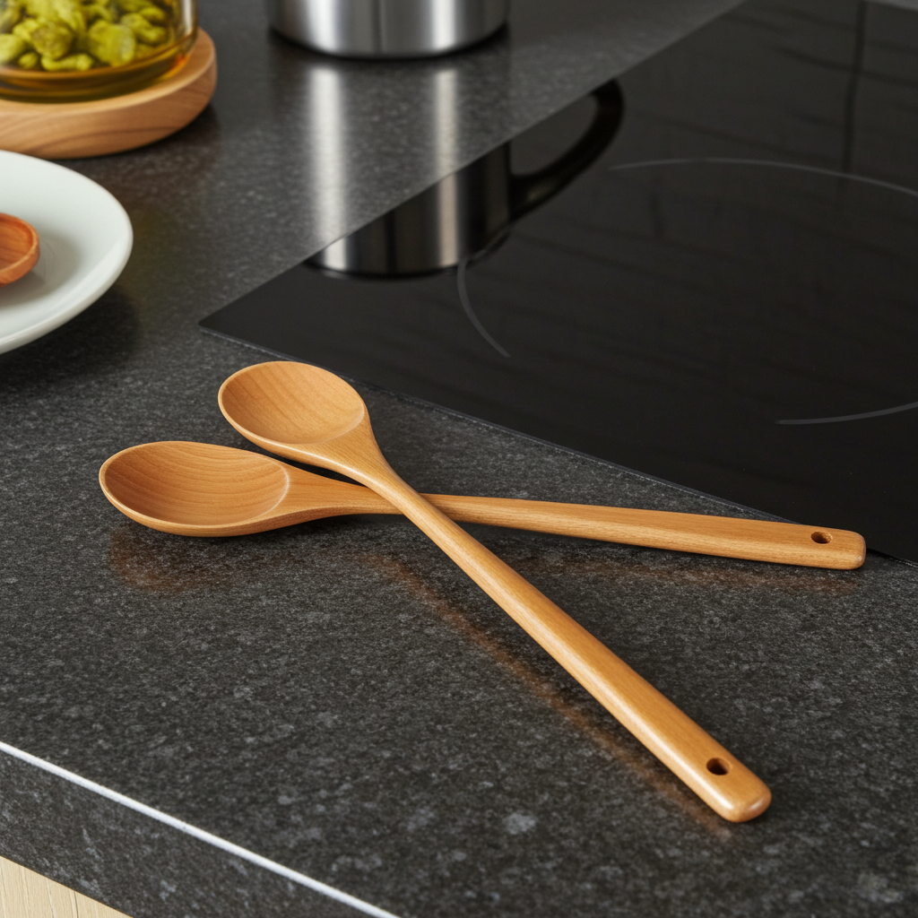 Two wooden spoons on a black stovetop