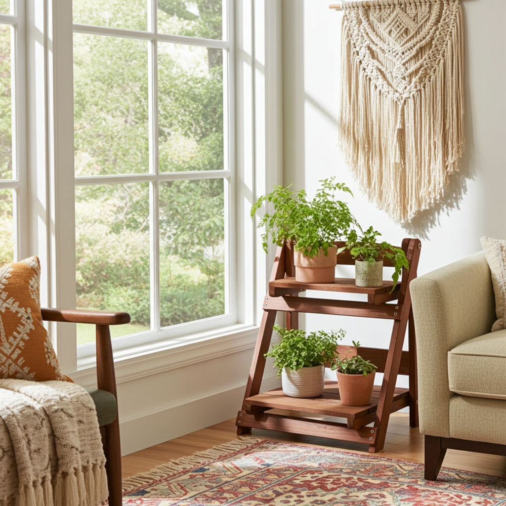 Cozy living room with a large window, wooden chair, beige sofa, and decorative plants.