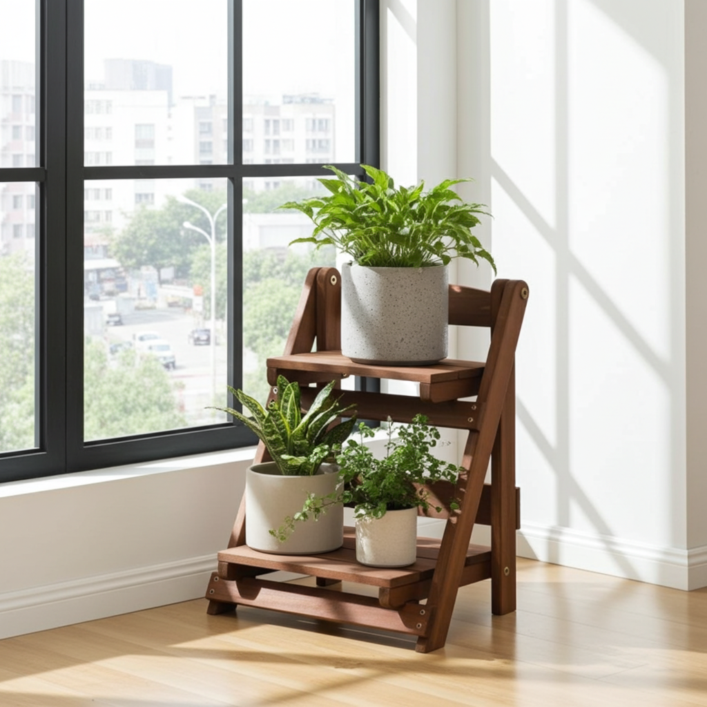 Wooden plant stand with potted plants in a room with large windows.