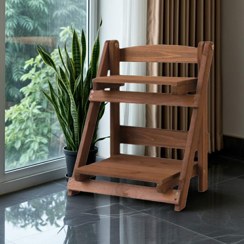 Wooden plant stand in a room with a plant and window.