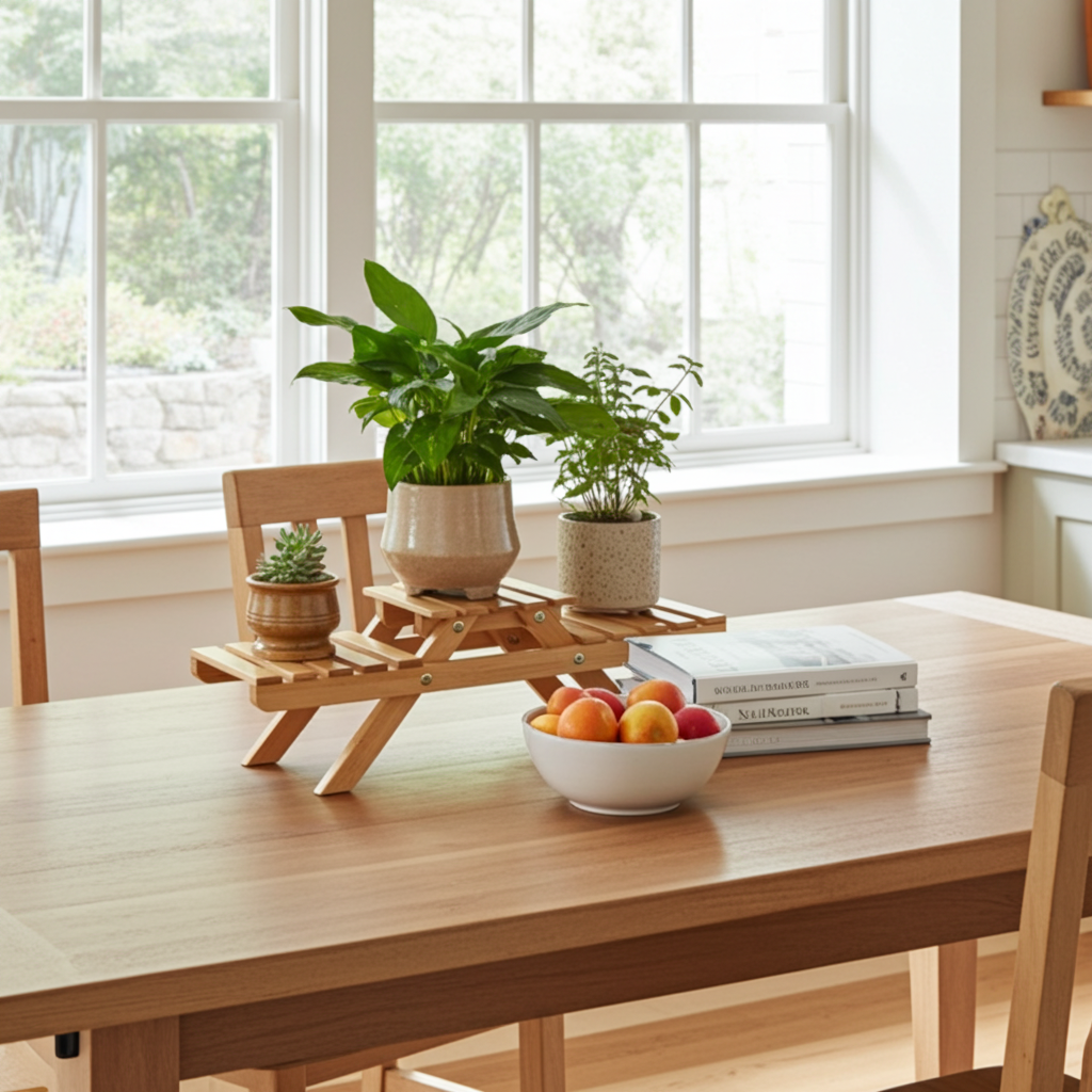 Dining room with a wooden table, chairs, and decorative elements.