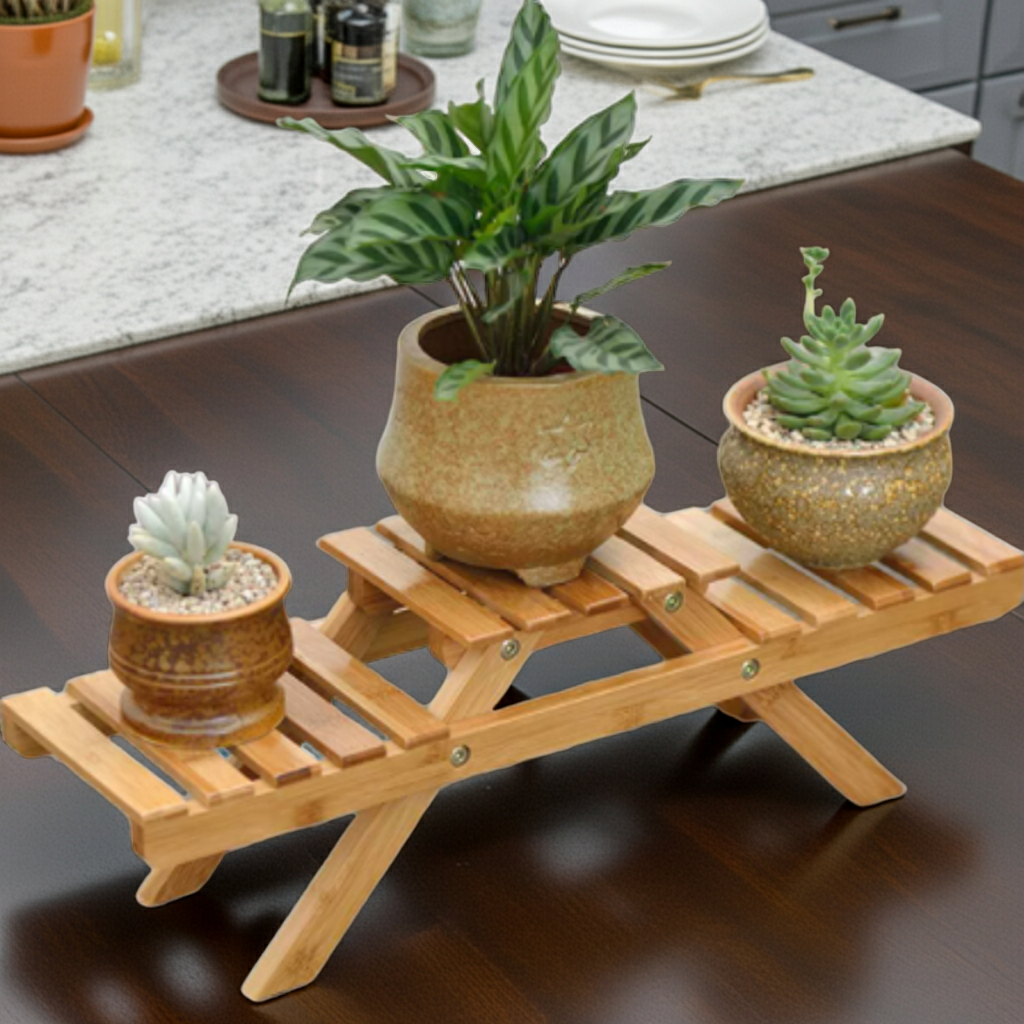 Wooden plant stand with three potted plants on a dark surface