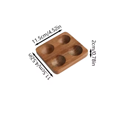 Wooden tray with four indentations and measurements on a white background