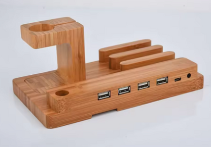 Wooden USB hub with multiple ports on a white background