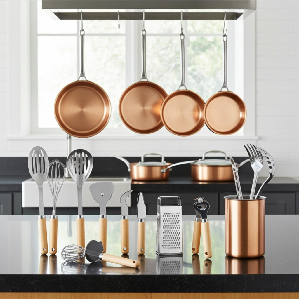 Copper cookware and utensils on a kitchen counter with a window in the background.