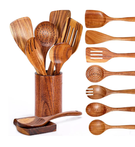9 piece wooden spoon set with holder