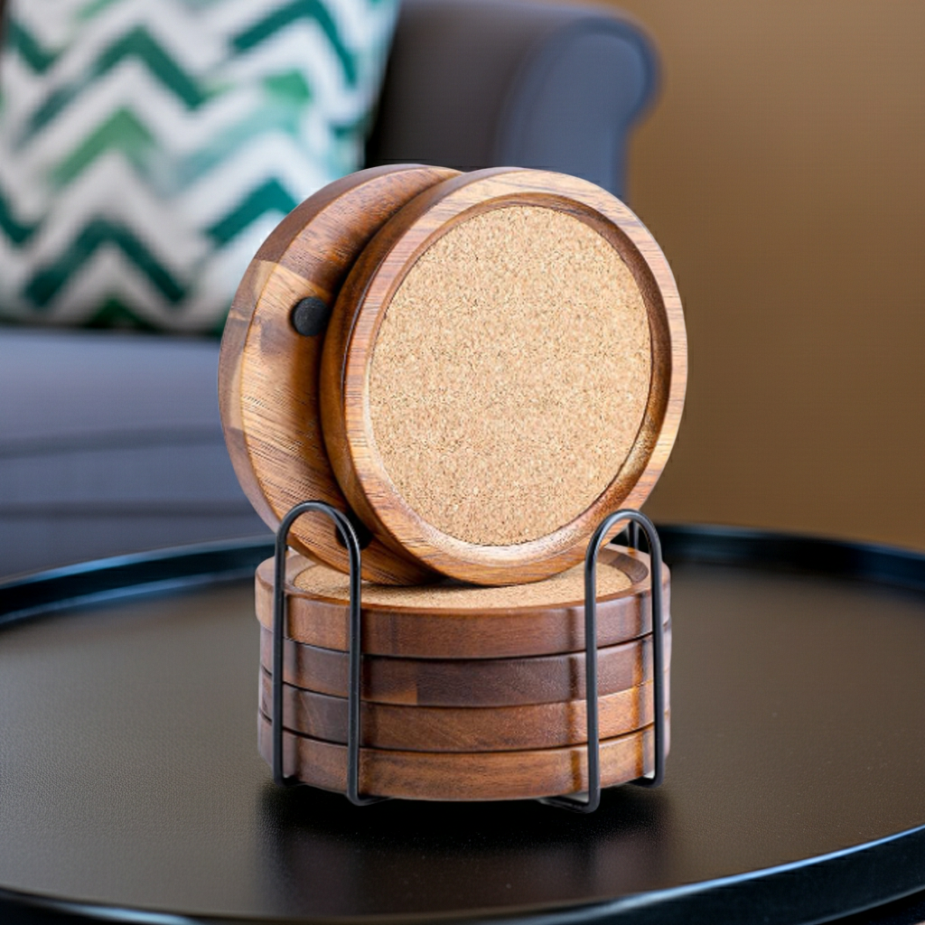 Stack of wooden coasters with a metal holder on a dark surface.