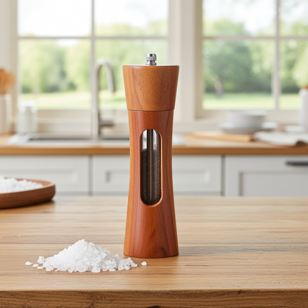 Wooden pepper grinder on a kitchen counter with salt nearby