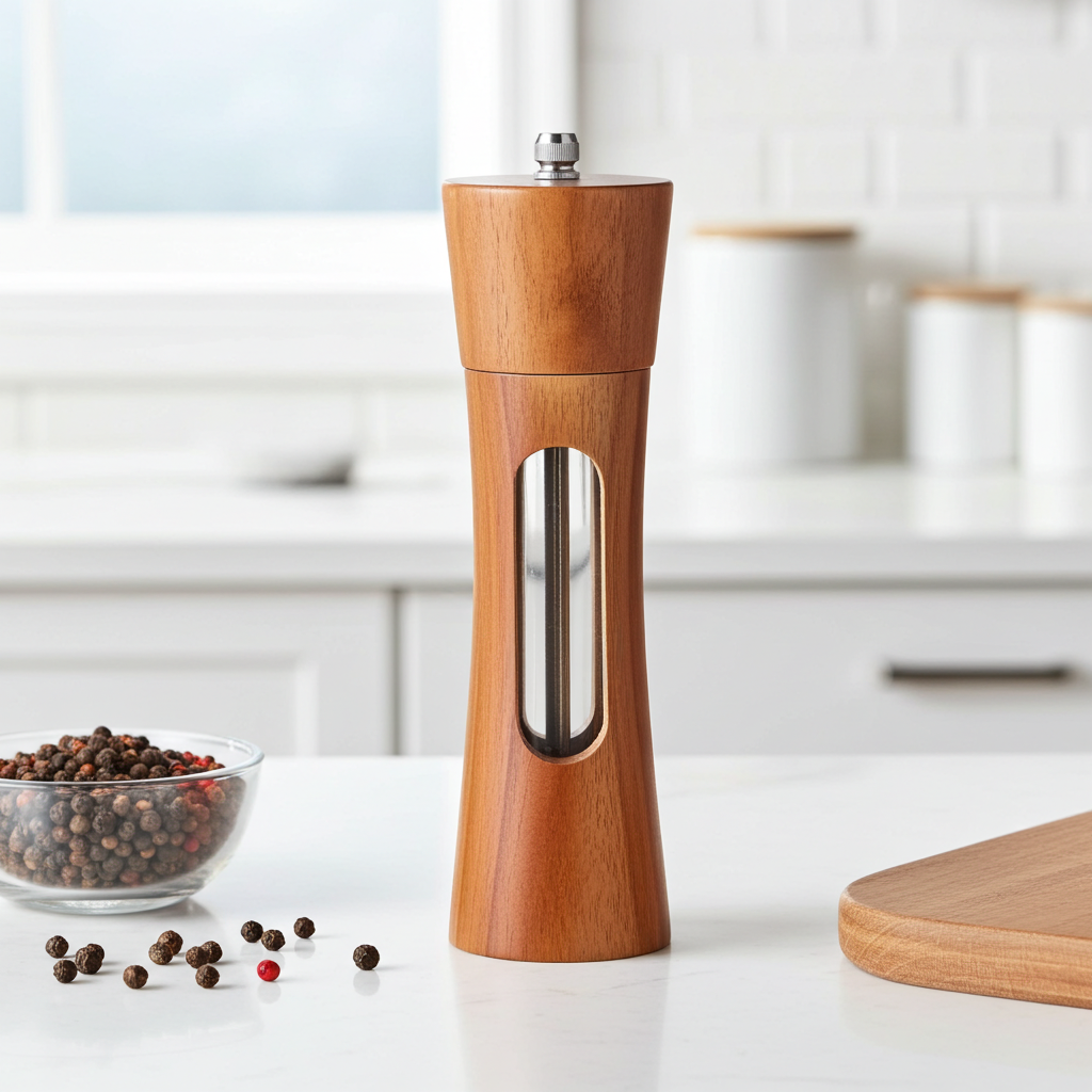 Wooden pepper grinder on a kitchen counter with a bowl of peppercorns.