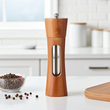 Wooden pepper grinder on a kitchen counter with a bowl of peppercorns.