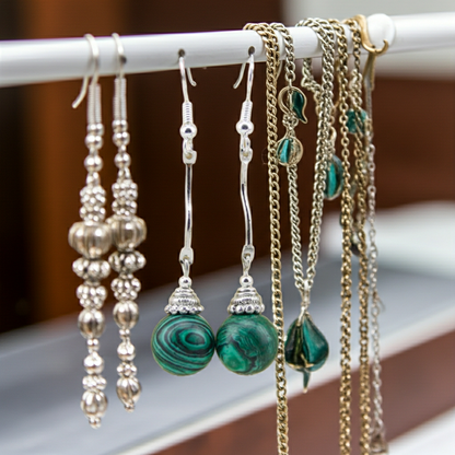 Jewelry set including earrings and necklaces on a white rod with a blurred background