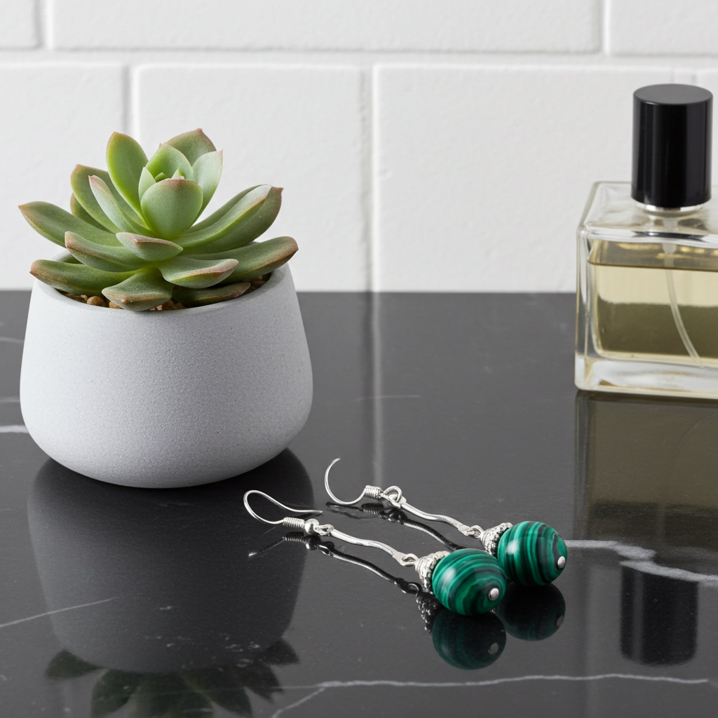 Green earrings on a reflective surface with a succulent plant and perfume bottle in the background.