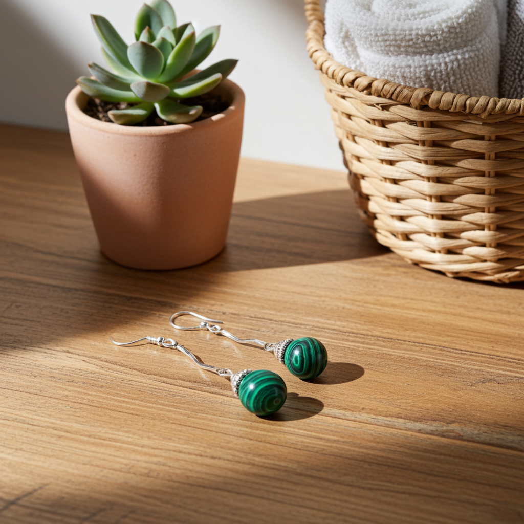 Green earrings on a wooden surface with a potted plant and woven basket in the background.