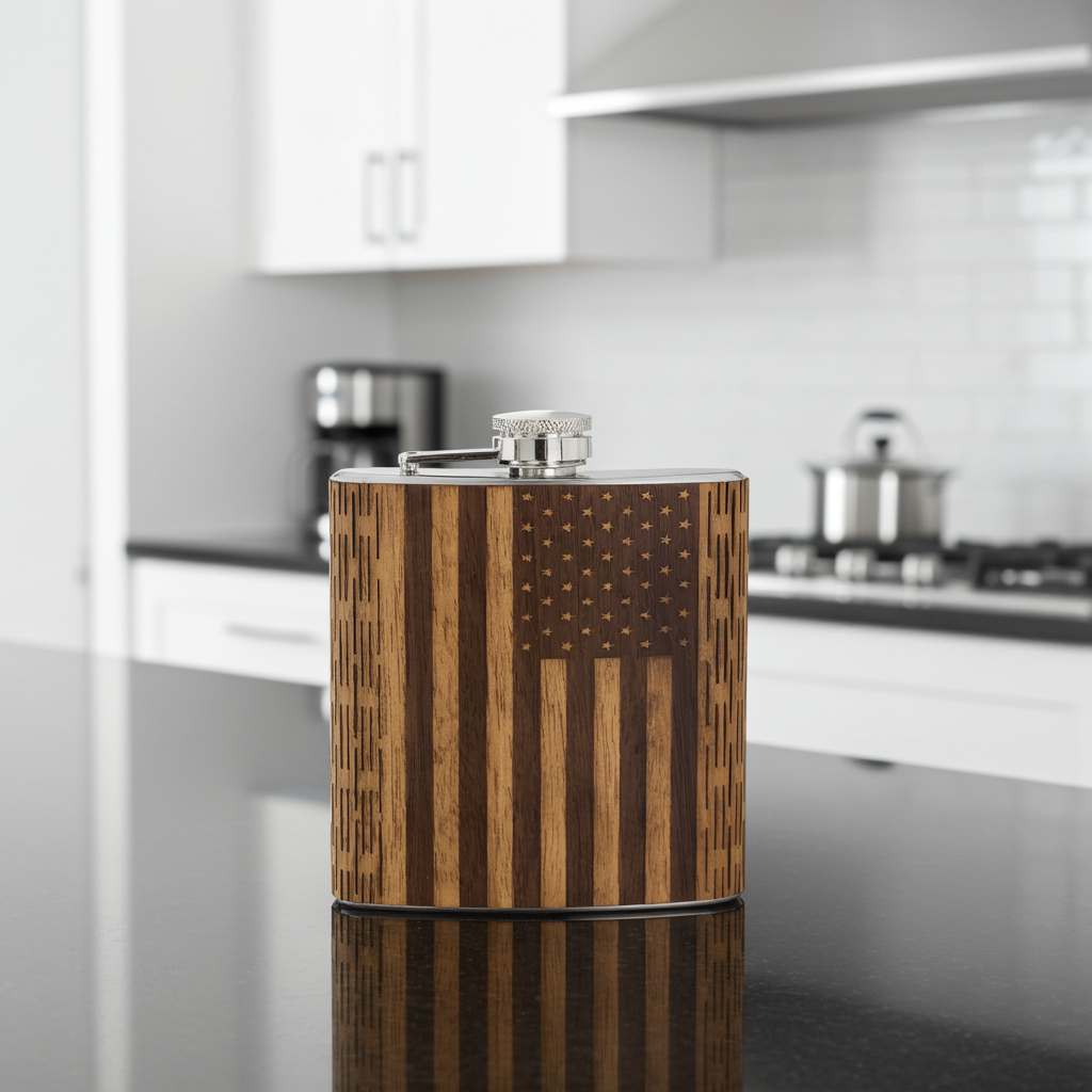 Wooden flask with American flag design on a kitchen counter
