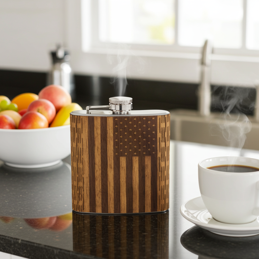 Wooden flask with American flag design on a kitchen counter with a cup of coffee and fruit bowl.